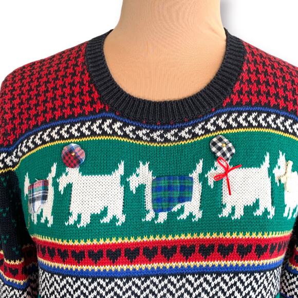 Vintage 90s Susan Bristol Scottie Dog Fair Isle Red Plaid Knit Sweater Large - Picture 5 of 12